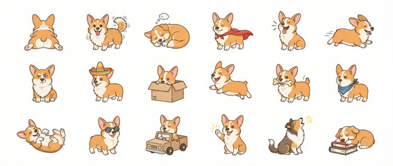 Fototapeta premium Set of cute corgi dog illustrations showing various funny activities and expressions in cartoon style