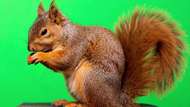 Dolly shot moving in on a fox squirrel grooming itself on a green screen, showcasing its fluffy tail and delicate movements while it enjoys some personal time