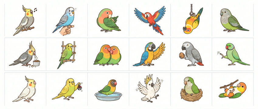 Collection of cute cartoon parrots and pet birds in various poses and colorful illustrations