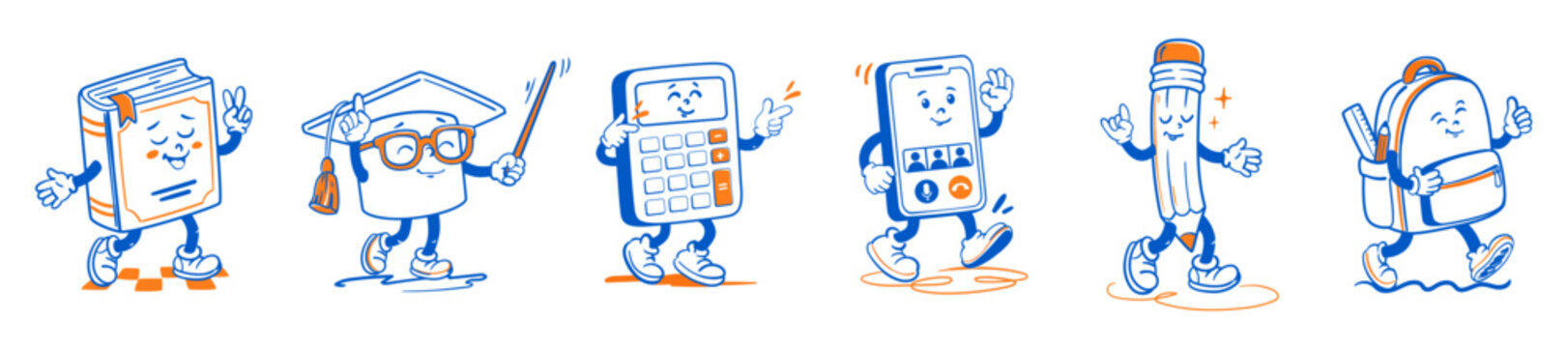 School retro mascot set with cartoon groovy characters. Collection stickers with funny walking book, graduation hat with pointer, calculator, smartphone, pencil, pupil schoolbag. Vector illustration.