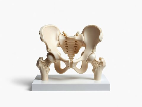 Human pelvis bone anatomical model showing sacrum ilium hip joints proximal femurs isolated on white background.