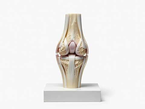 Human knee joint section anatomical model showing femur tibia patella ligaments isolated on white background.