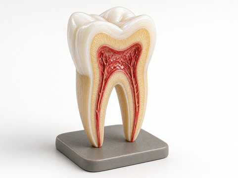 Human molar tooth cross section anatomical model showing enamel dentin pulp root canals mounted isolated on white background.