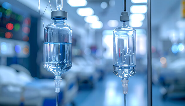 Close-up of a transparent infusion bag containing stem cells for advanced regenerative medical treatment.