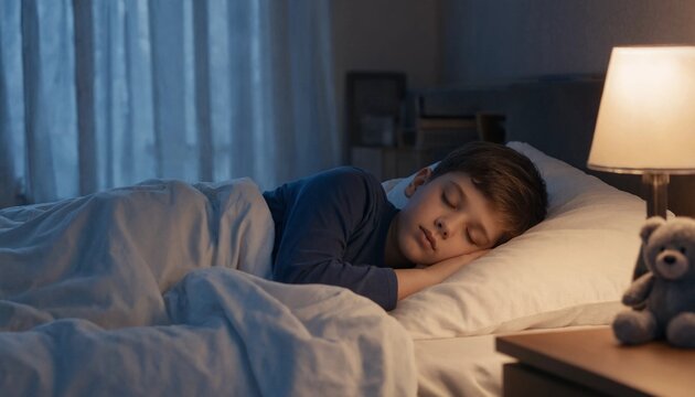 A peaceful young boy sleeping soundly in his bed at night with a teddy bear on the bedside table
