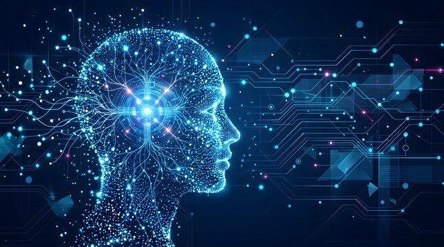 Futuristic illustration of an AI human profile head with glowing digital data circuits, network nodes, and abstract information pathways.