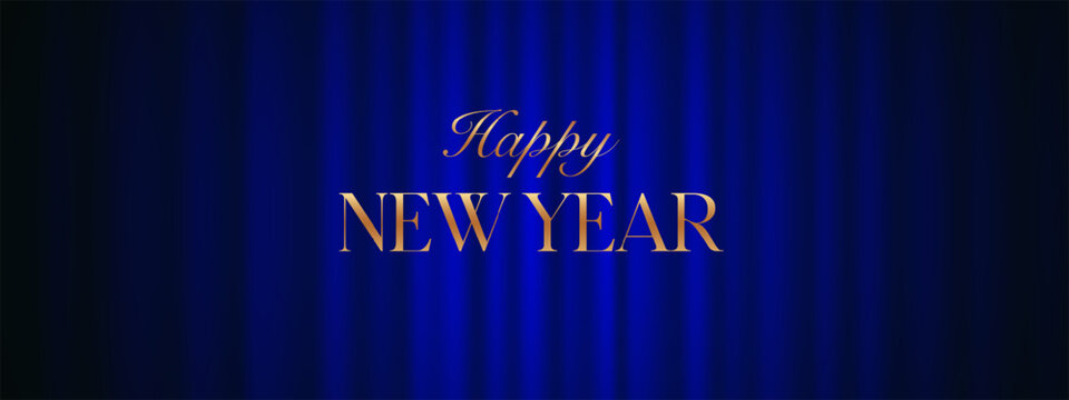 Elegant Happy New Year greeting with luxurious gold typography centered on a dark blue satin background with soft glowing folds