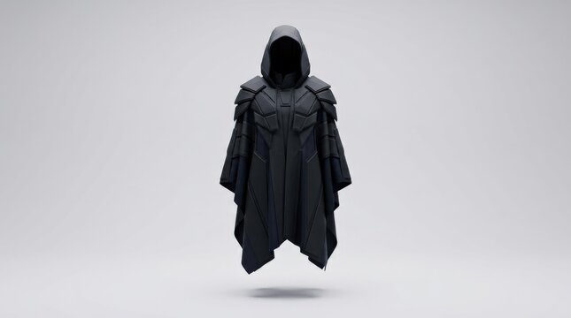 Floating black futuristic hooded cloak resembling sculptural armor, isolated on a pale gray studio background, premium fashion concept CGI, layered angular fabric panels, matte graphite and deep navy