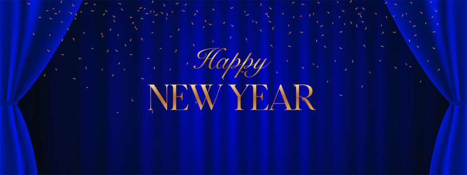 Elegant Happy New Year greeting banner with gold typography and confetti on luxurious blue velvet curtains and dark festive background