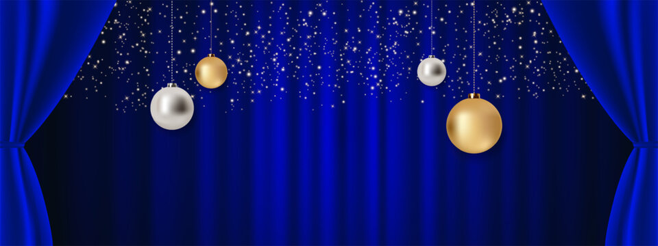 Elegant Christmas background with hanging gold and silver ornaments, sparkling lights and blue velvet curtains with spacious copy area