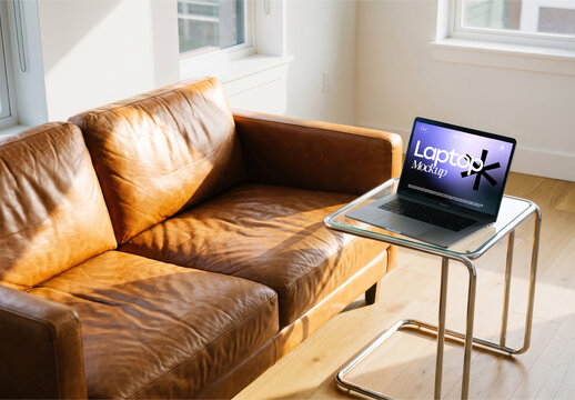 Laptop on Glass Side Table in Living Room Mockup