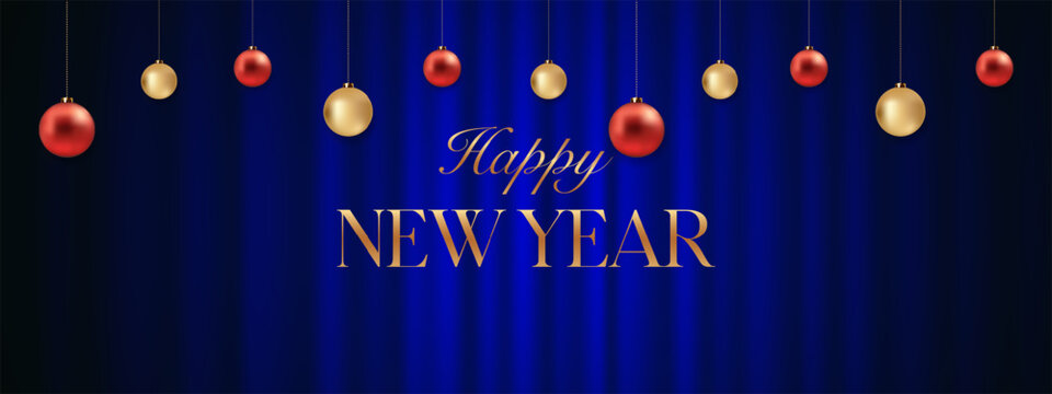Elegant Happy New Year greeting with hanging red and gold ornaments, luxurious golden typography and a luminous blue satin background