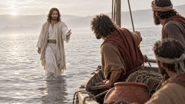 Jesus approaches fishermen in a boat while walking through water. Biblical calling of the disciples. Christian faith and scripture. Gospel story and New Testament narrative.