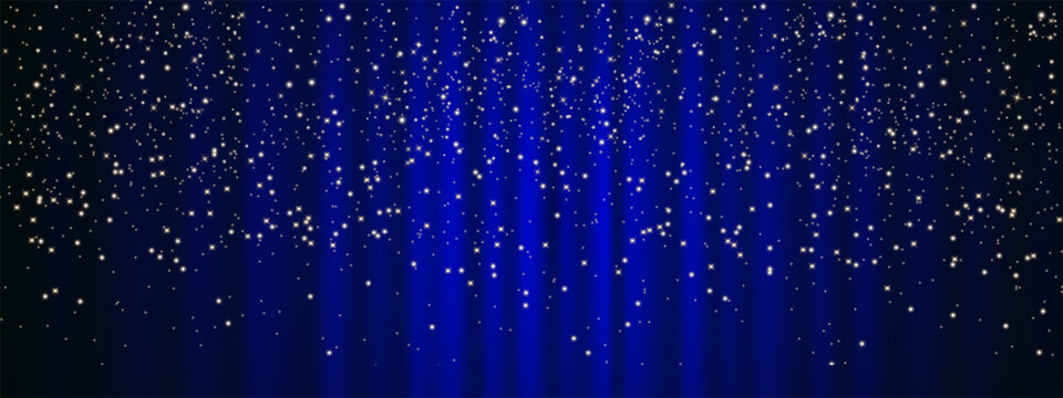 Luxurious deep blue satin background covered with glowing golden stars and festive sparkling lights, ideal for elegant holiday designs