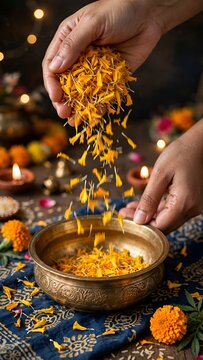 Closeup of hands pouring yellow marigold petals into ornate brass bowl with Diya's bokeh lights background - Diwali flower preparation ritual vertical 9:16 native b-roll authentic festival