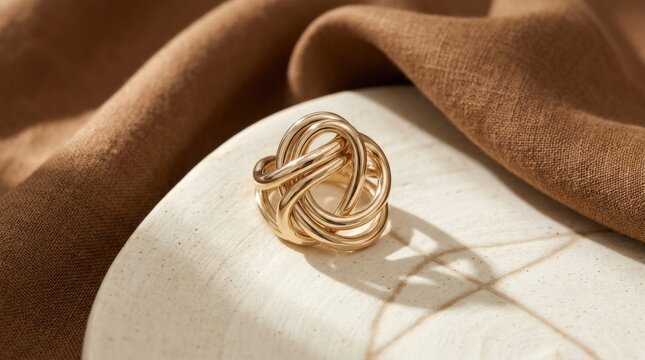 Sculptural interlocking gold ring on a warm ivory surface beneath a curved brown fabric backdrop, contemporary jewelry product photography, champagne-gold, caramel and cream palette, soft directional
