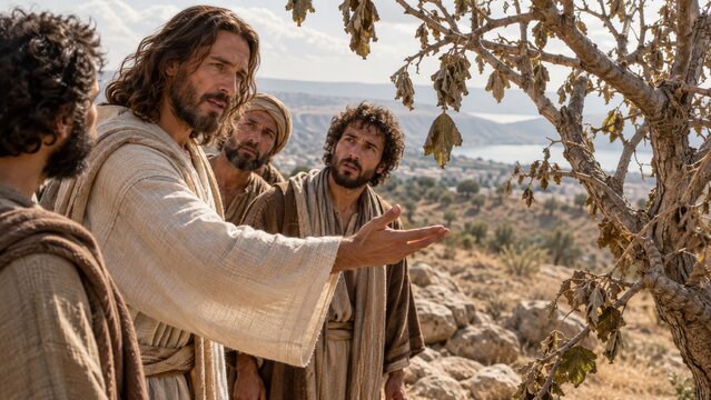 Jesus teaching disciples beside a tree in rocky terrain. Biblical instruction and fellowship among followers. Christianity, faith and scripture. Religious storytelling and spiritual learning