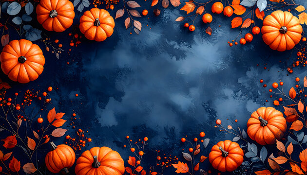 Moody watercolor Halloween backdrop with navy tones, orange accents and botanical shadows.