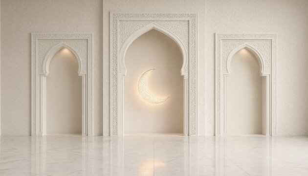 Minimalist Ramadan background with glowing crescent moon and arched wall niches in a white marble interior
