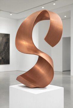 Abstract copper sculpture of a ribbon shape on a white pedestal in a contemporary art gallery