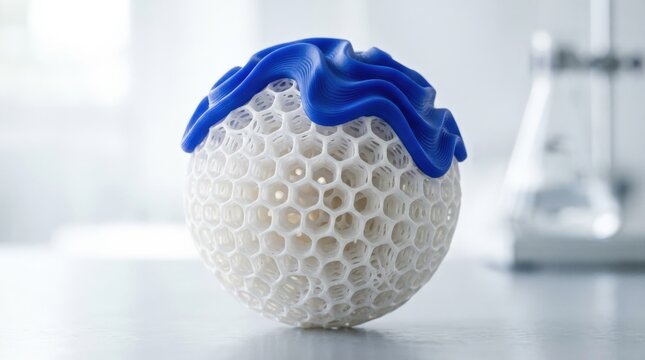 Macro of a white porous cellular sphere with deep honeycomb cavities, capped by a bold cobalt-blue wavy ridge, bright high-key background, biomaterial CGI, soft translucency and fine structural