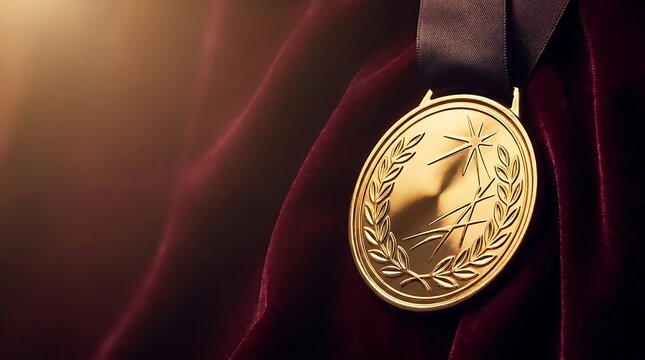 Gleaming gold medal symbolizing achievement and excellence, draped elegantly on rich red velvet, evoking success and prestigious recognition in a warm, illuminated setting