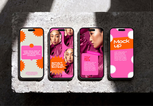 Four Smartphone Screens on Concrete Block Mockup