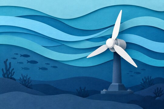 Paper art underwater turbine representing tidal energy