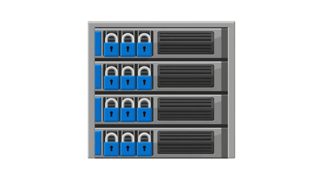 Secure Data Server Rack Illustration with Padlocks for Cybersecurity and Privacy Protection