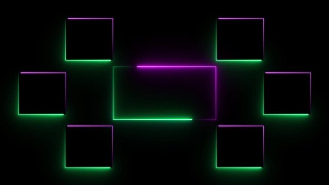Abstract futuristic neon light boxes glowing with vibrant pink and green colors on a dark black background in a seamless loop motion graphics video
