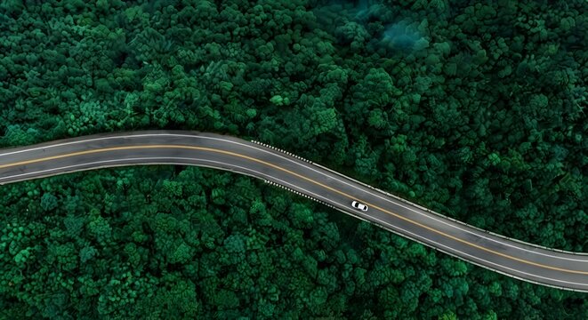 Aerial View of Curved Highway Through Dense Green Forest with Cars on Asphalt Road, Scenic Drone Landscape, Lush Woodland Canopy, Nature Travel Route, Transportation Infrastructure, and Peaceful Outdo