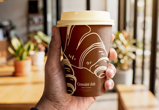 Hand Holding Paper Coffee Cup in Cafe Mockup