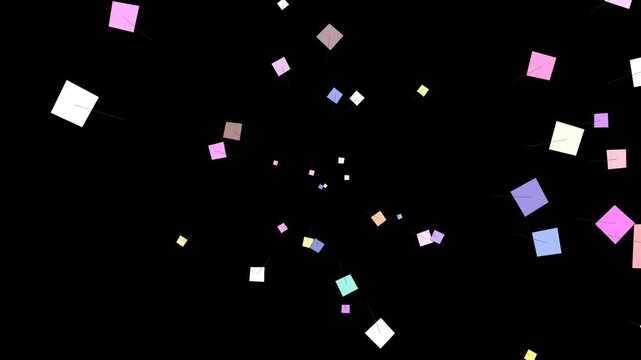 Animated colorful square debris flying outward in anime sakuga style on black background