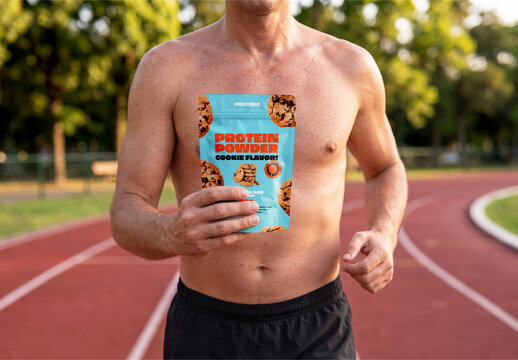 Protein Powder Pouch in Hand on Running Track Mockup