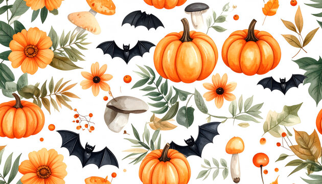 Seamless watercolor Halloween pattern with pumpkins, tropical leaves, bats and mushrooms for decor.