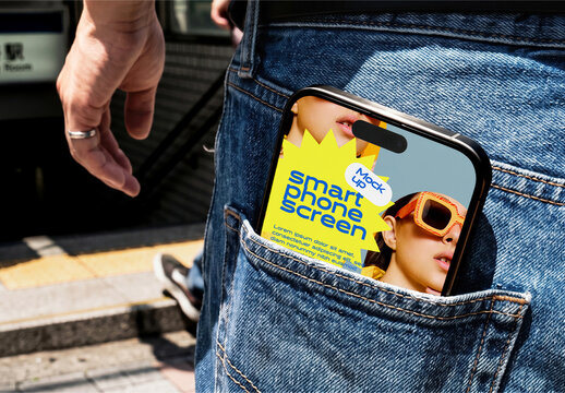 Smartphone in Jeans Pocket Mockup on City Street