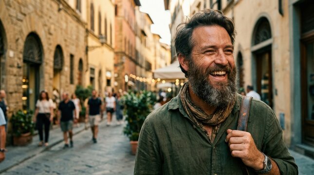 Smiling bearded man outdoors on a sunlit street, warm cinematic lifestyle portrait, close-up candid expression, textured beard and natural skin, historic buildings softly blurred behind him, dusty