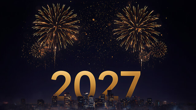 The image shows a large golden 2027 text overlay in front of a city skyline at night, accompanied by bright celebratory fireworks