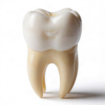 Human molar tooth anatomical model showing crown enamel roots dentin isolated on white background.