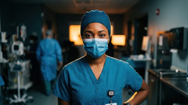 Healthcare professional wearing a blue surgical cap and face covering in a clinical environment, cinematic medical portrait photography, cool teal fabric contrasted with warm orange backlight, intense
