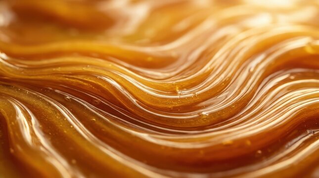 Extreme close-up of smooth golden organic ridges with glossy highlights, abstract macro photography, rich honey, ochre and caramel palette, flowing parallel forms, tactile polished texture, warm