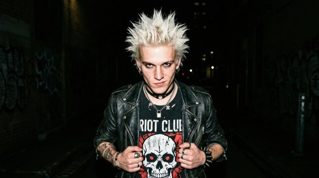 Spiky platinum-haired young man wearing a black graphic T-shirt, direct-flash street portrait at night, deep black background, sharp pale hair, rebellious expression and raw alternative youth styling.