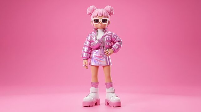 Futuristic stylized fashion girl in a shiny metallic pink mini outfit and oversized chunky platform boots, full-body 3D render against a saturated pink studio backdrop, glossy plastic materials,