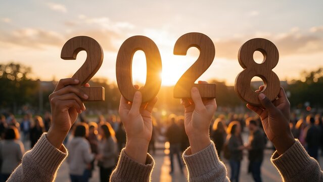 Diverse hands holding large wooden numbers representing year twenty twenty eight against bright sunset sky background during public celebration event