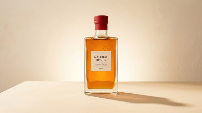 Clear rectangular bottle filled with honey-colored liquid and topped with a red cap, minimalist product photography, warm cream palette, crisp transparent glass, glowing backlight and elegant