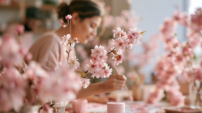 Woman arranging pink cherry blossom branches in vase at floral workshop studio