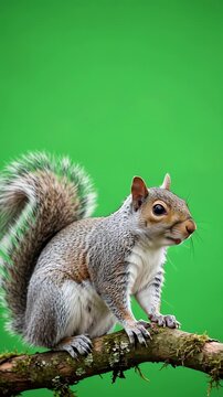Dolly shot of a Western gray squirrel sitting on a green screen branch, observing surroundings with curiosity and attentiveness, capturing a serene moment