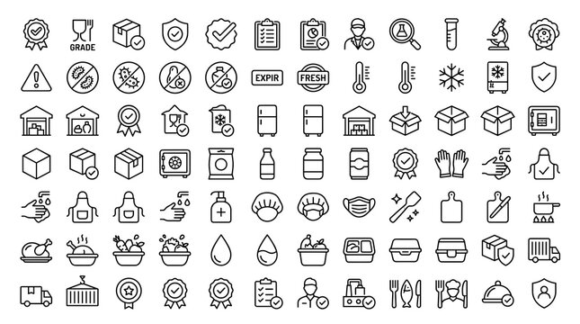 60 Food Safety and Food Grade Linear Icons Featuring Safe Packaging Hygiene Cooking Storage Inspection Quality Control and Food Protection