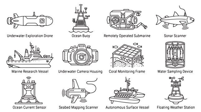 Ocean exploration icons set with marine research vessels and underwater technology devices