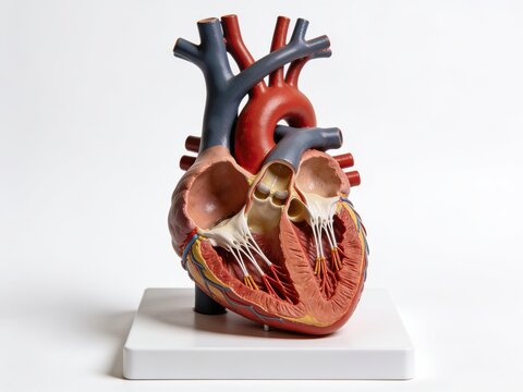 Human heart anatomical model showing exterior cardiac structure coronary vessels aorta isolated on white background.
